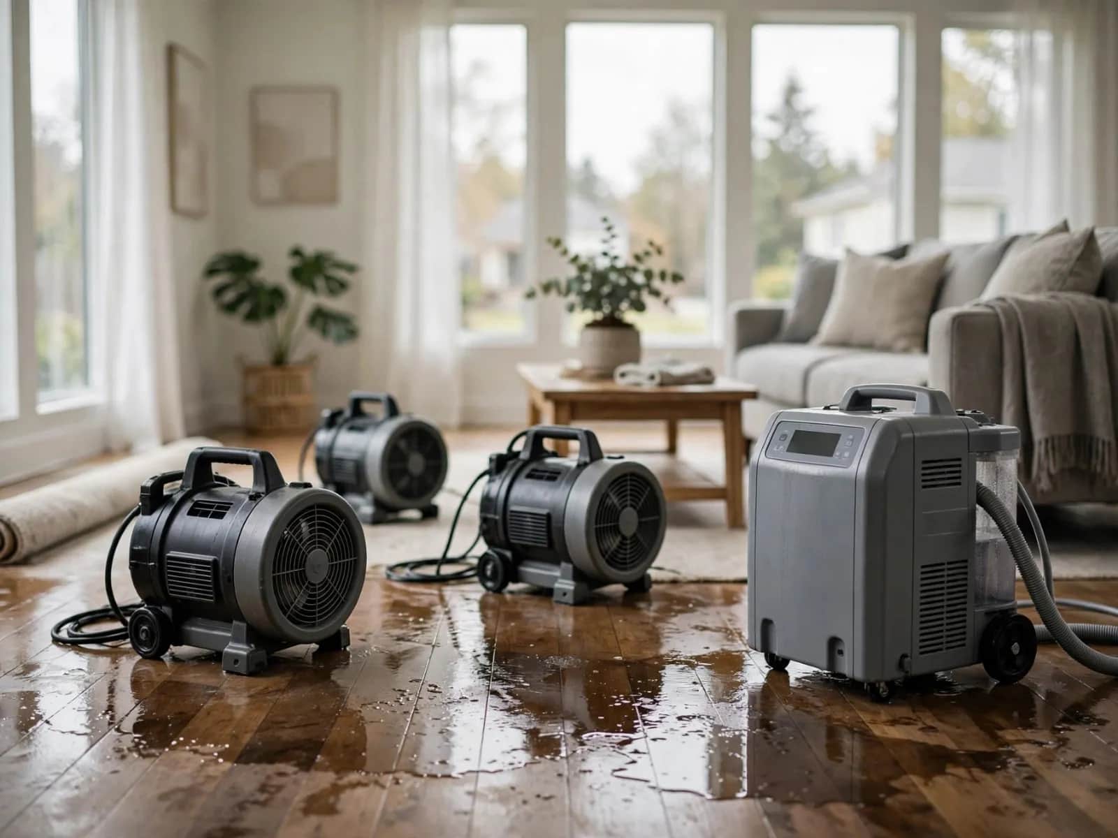Air movers and a dehumidifier drying a wet hardwood floor