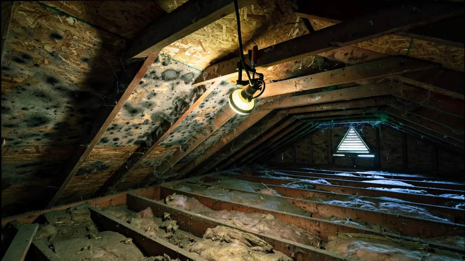 Before: attic with mold-stained sheathing, then treated with new insulation
