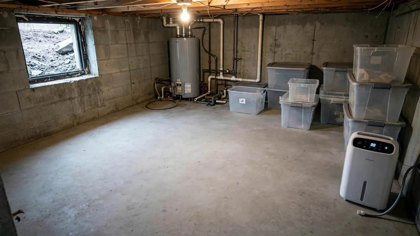 After: flooded unfinished basement, then dry and clean