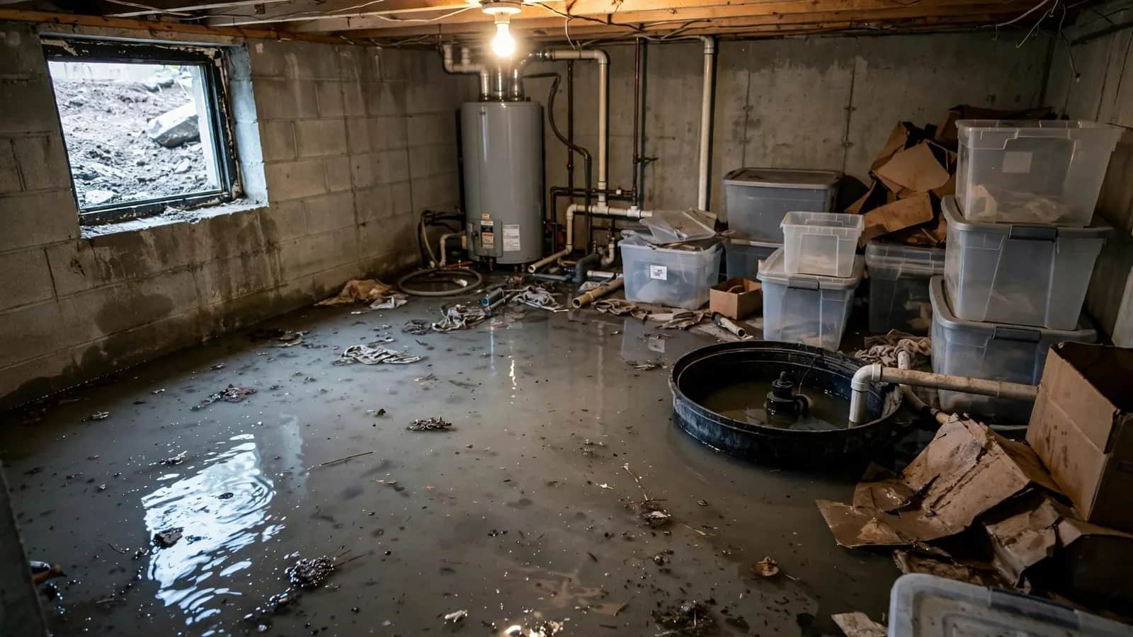 Before: flooded unfinished basement, then dry and clean