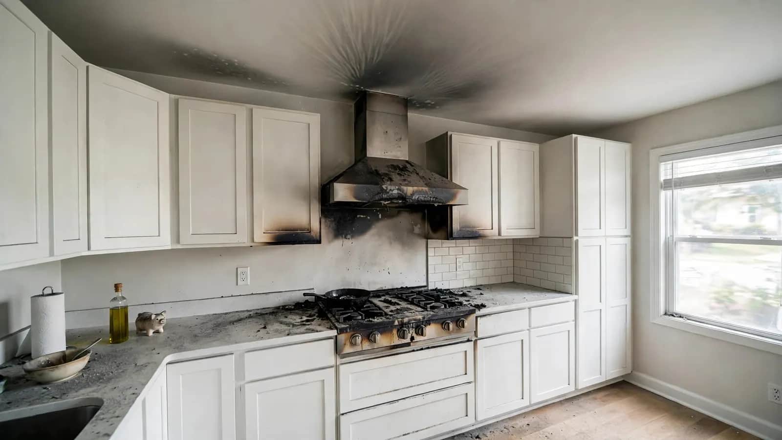 Before: kitchen with a scorched range hood and soot, then restored