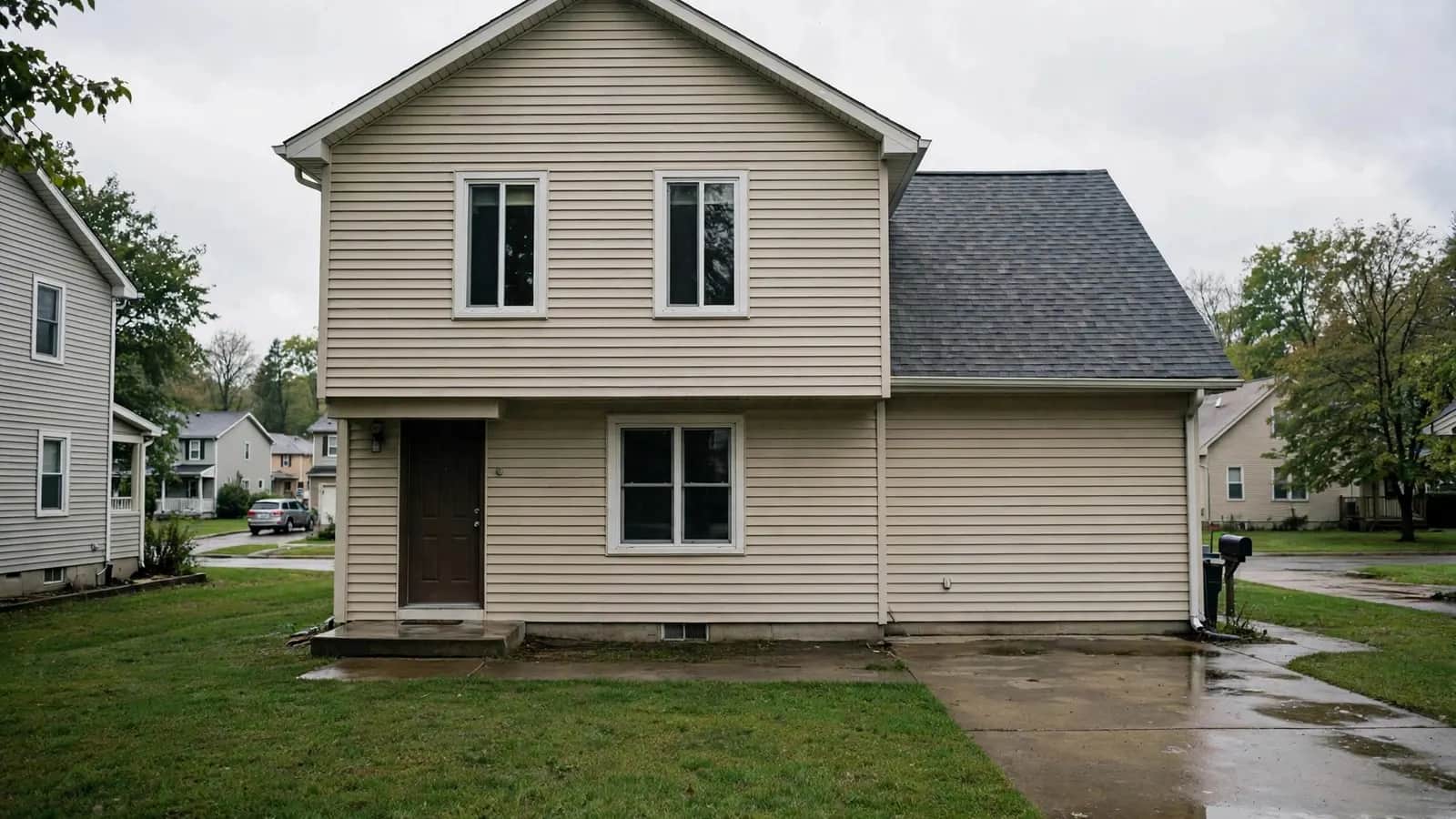 After: house boarded up after a fire, then fully repaired