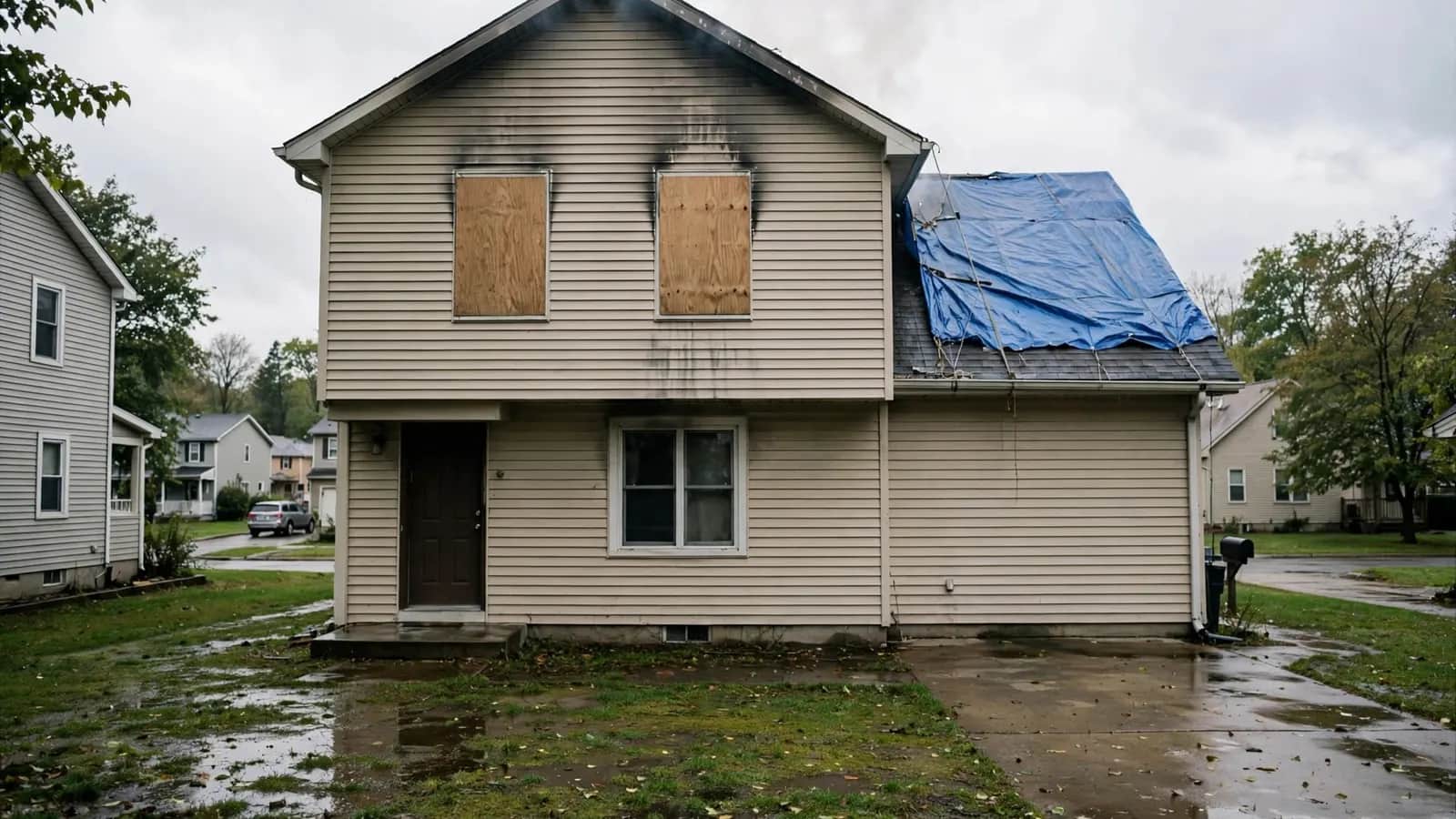 Before: house boarded up after a fire, then fully repaired