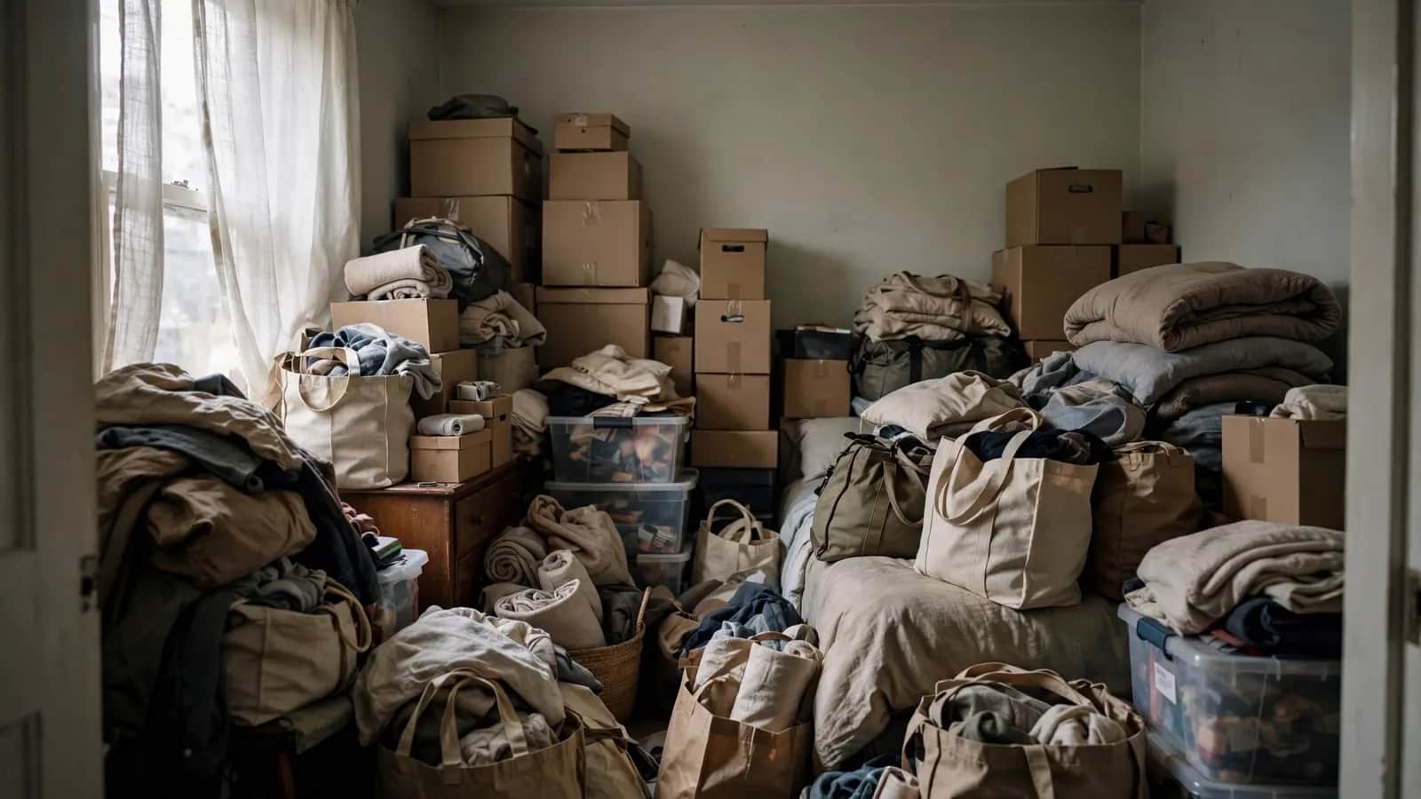 Before: cluttered hoarded bedroom, then emptied and cleaned