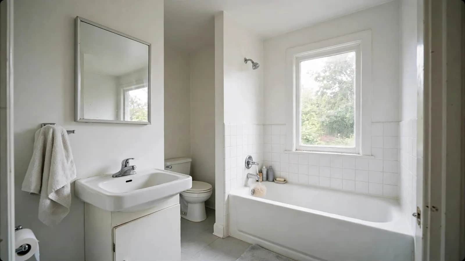After: bathroom with mold on the ceiling and grout, then remediated