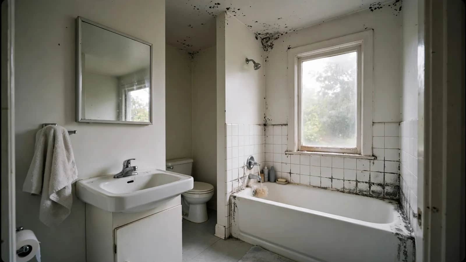 Before: bathroom with mold on the ceiling and grout, then remediated