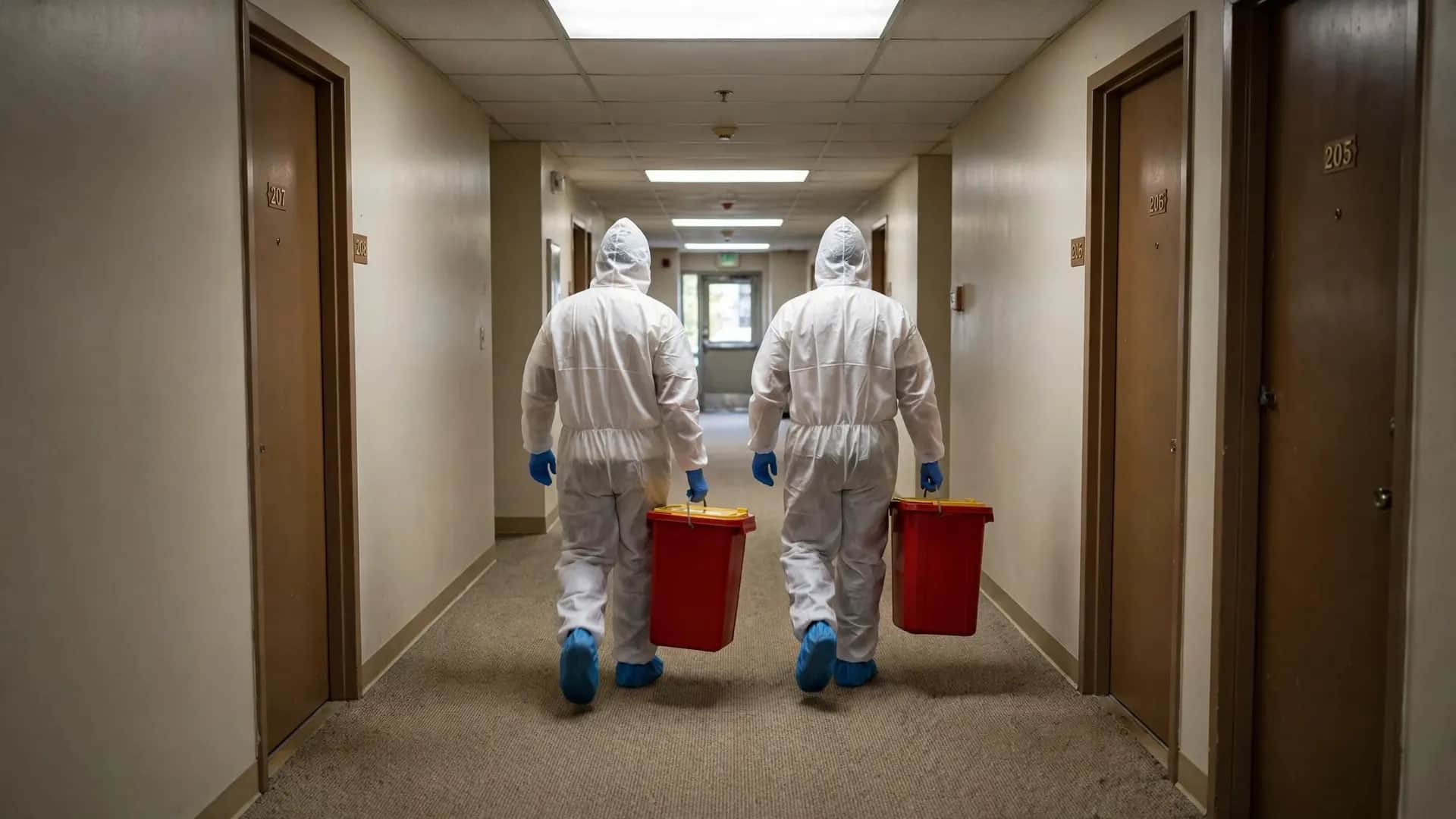 Technicians in protective suits carrying sealed biohazard containers, illustrating restoration work in Albuquerque, NM