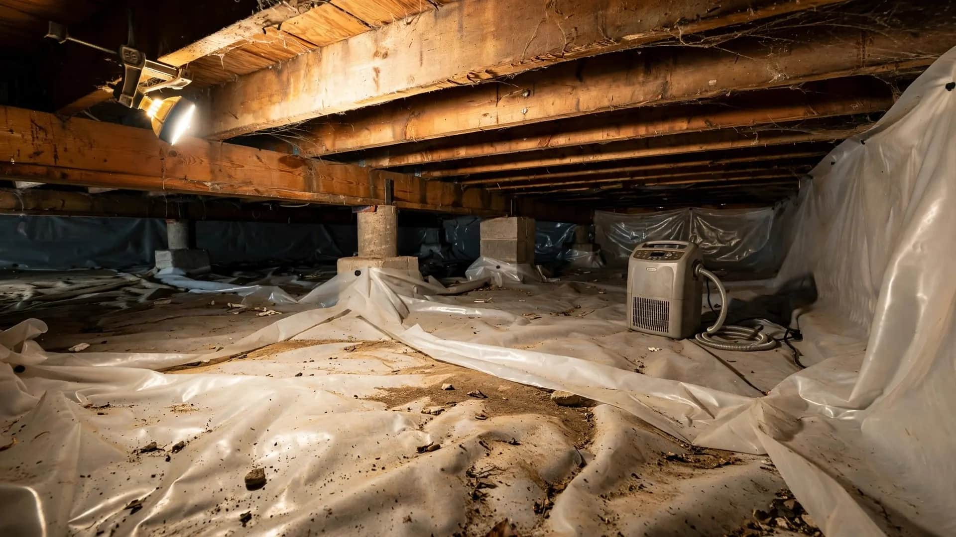 Encapsulated crawl space with a vapor barrier and dehumidifier in Charleston, WV