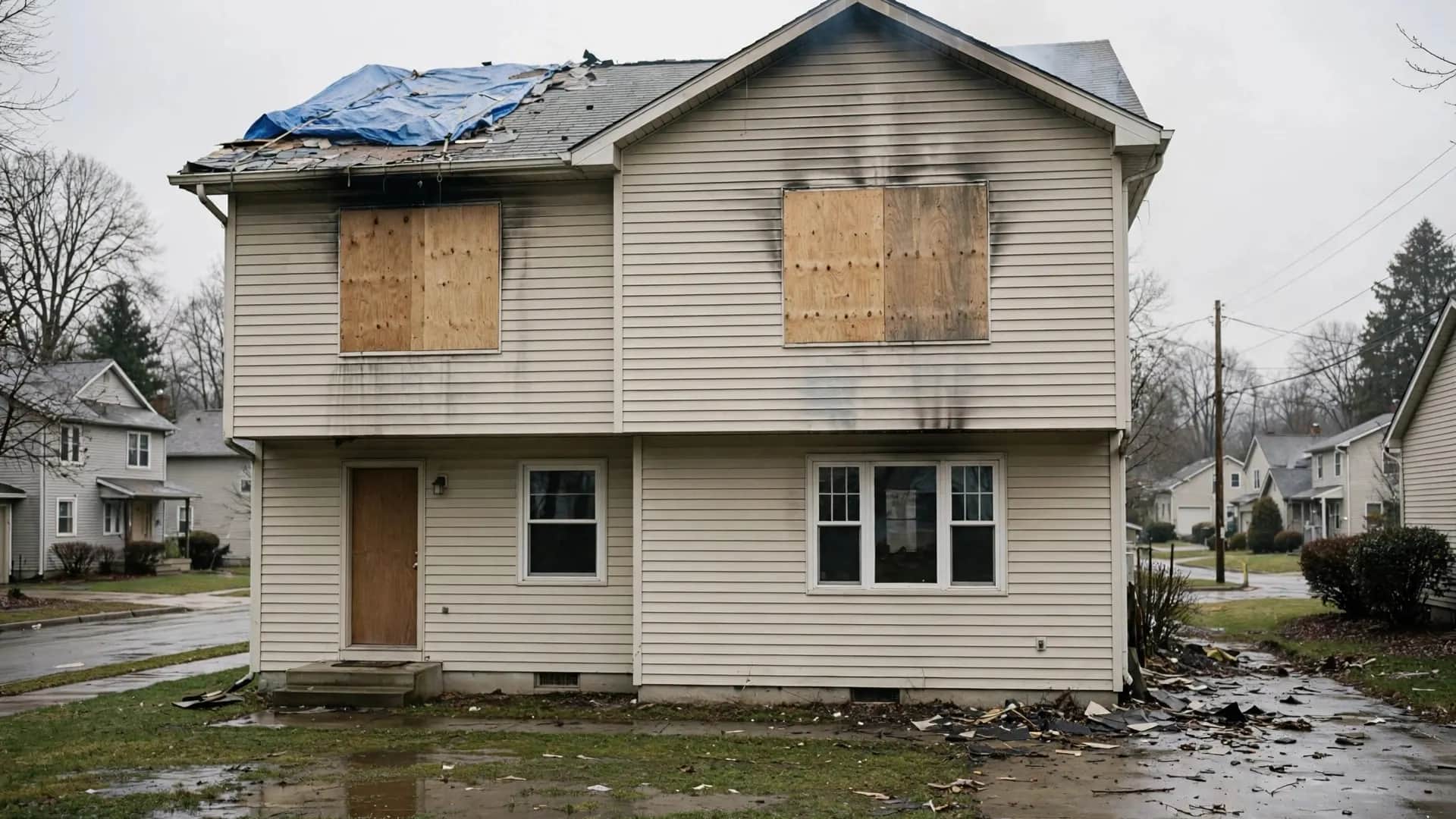 House secured with boarded windows and a roof tarp after a fire