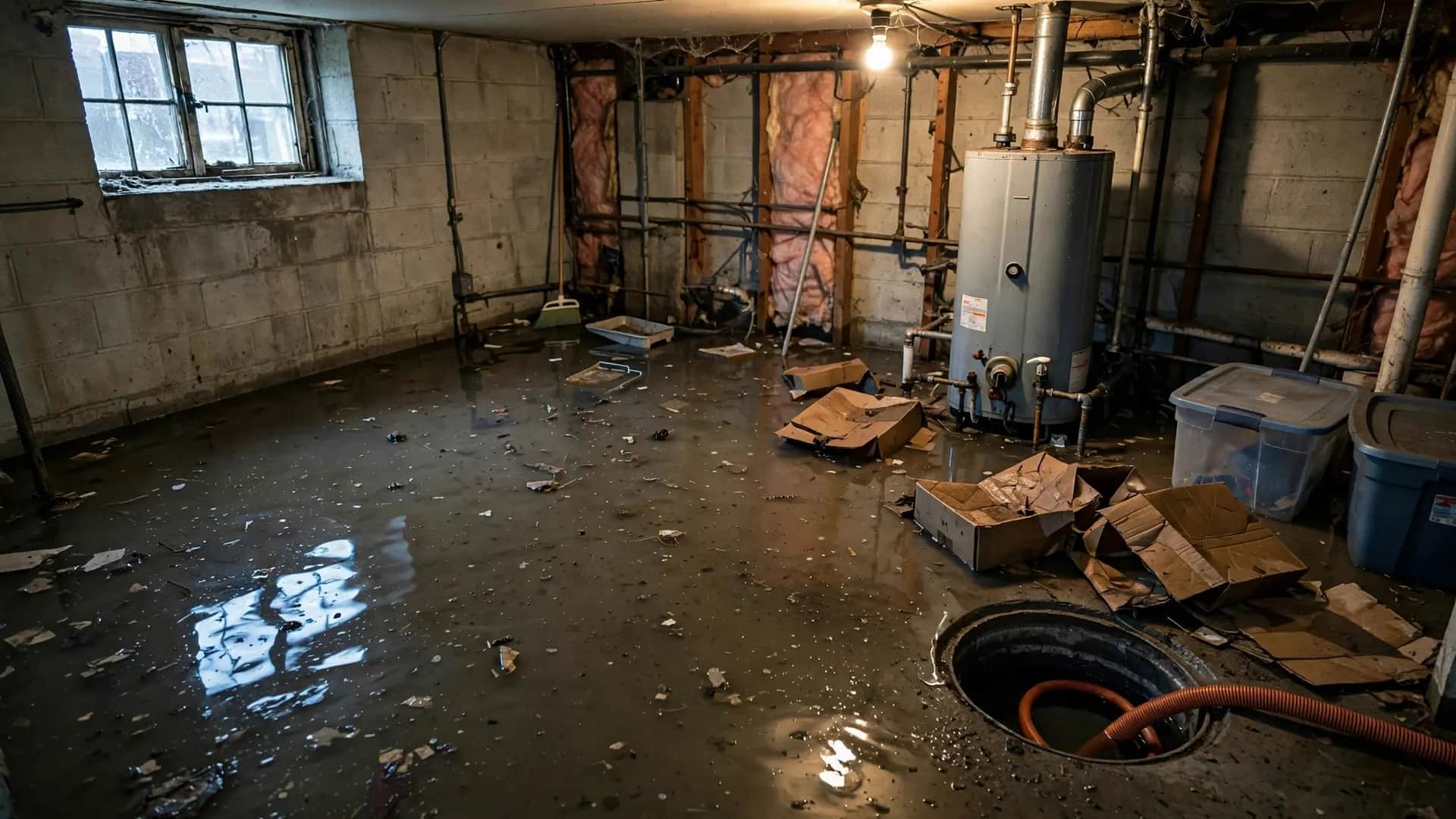 Basement with standing water, wet boxes, and a submersible pump being set up