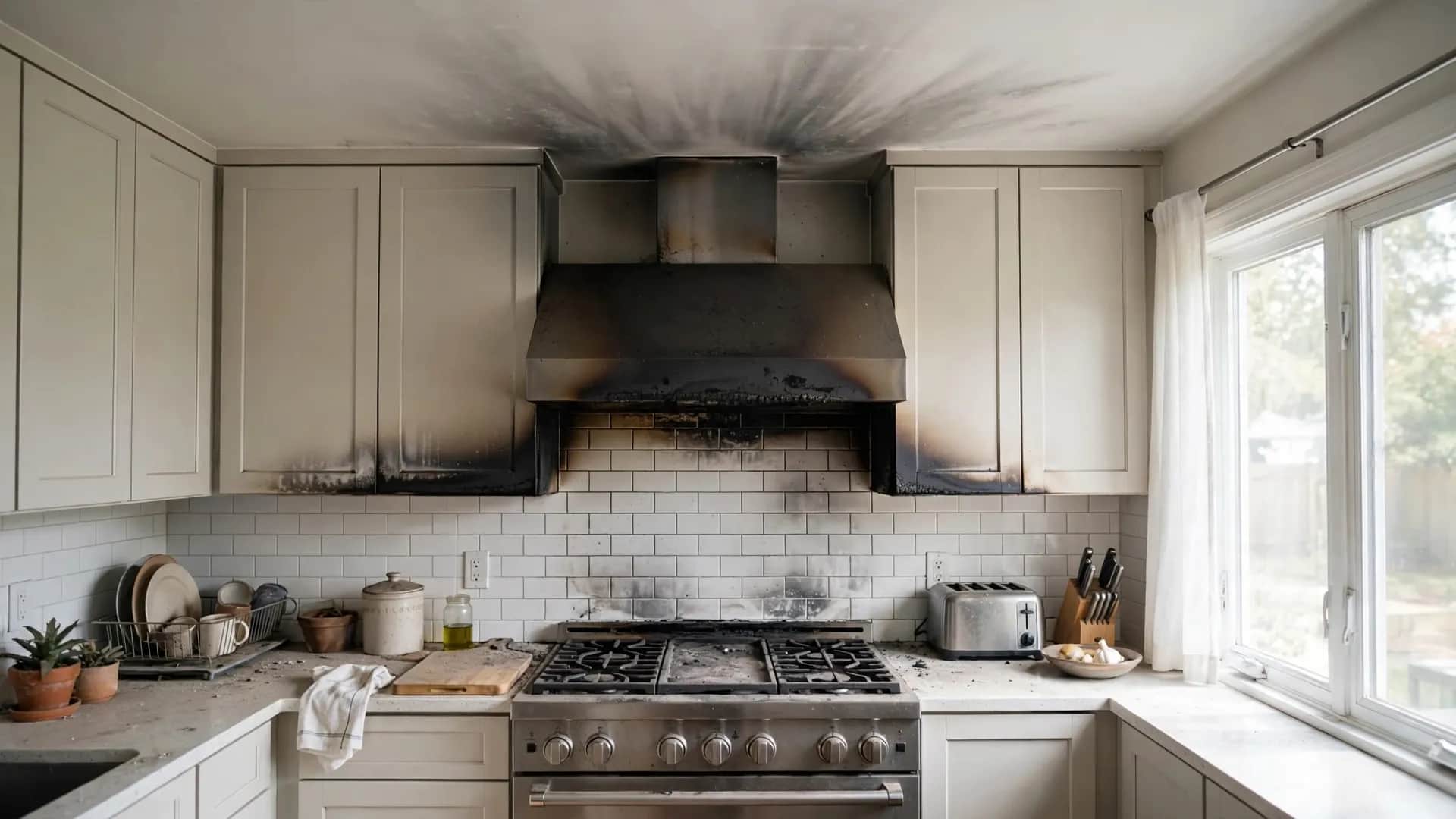 Kitchen with a smoke-blackened range hood and soot on the ceiling after a stovetop fire, illustrating restoration work in Albuquerque, NM