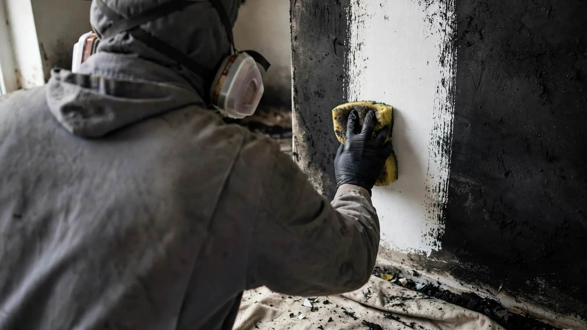 Technician in a respirator removing soot from a wall with a dry chemical sponge