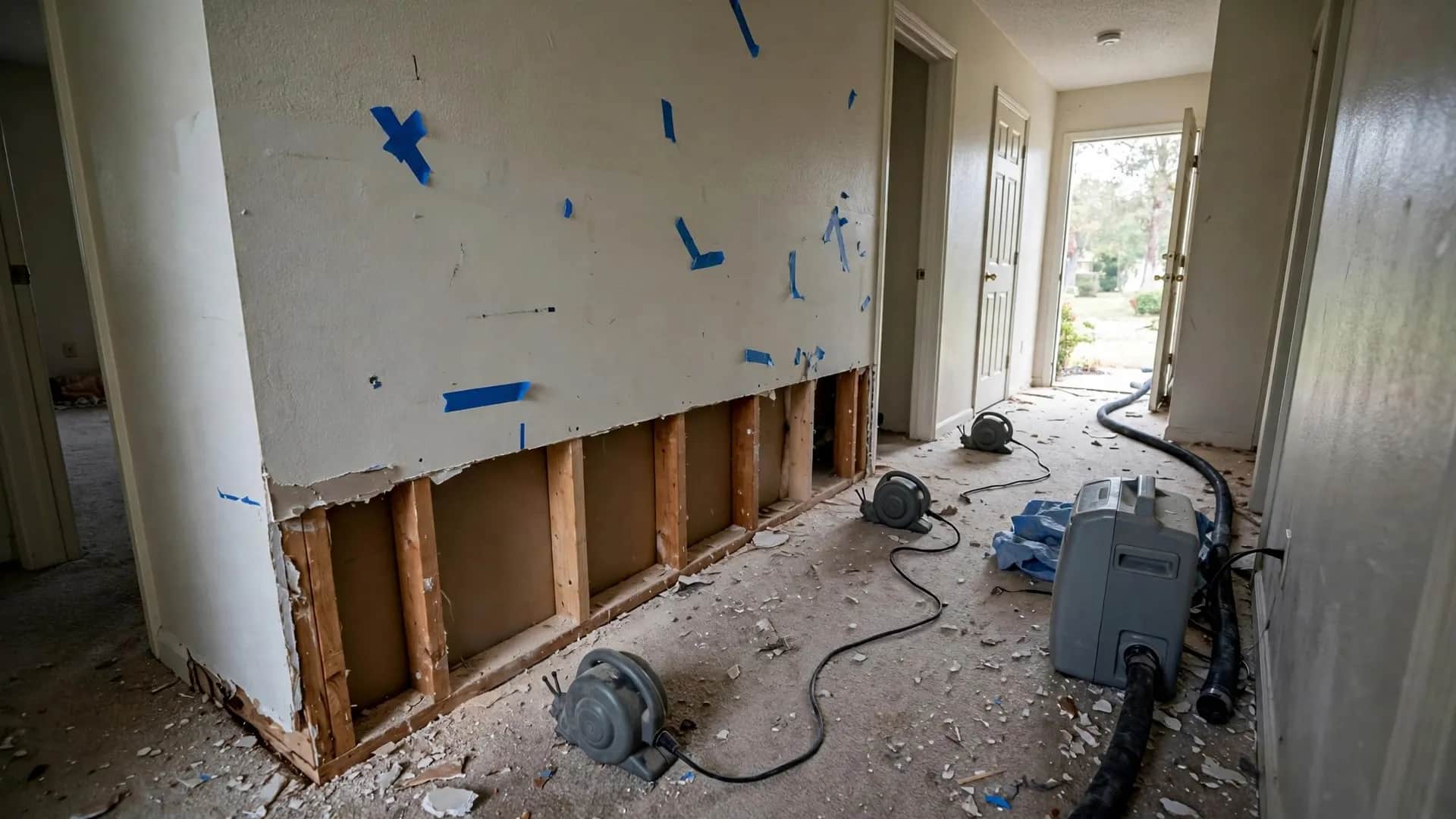 Air movers and a commercial dehumidifier drying walls with the lower drywall removed, illustrating restoration work in Albuquerque, NM