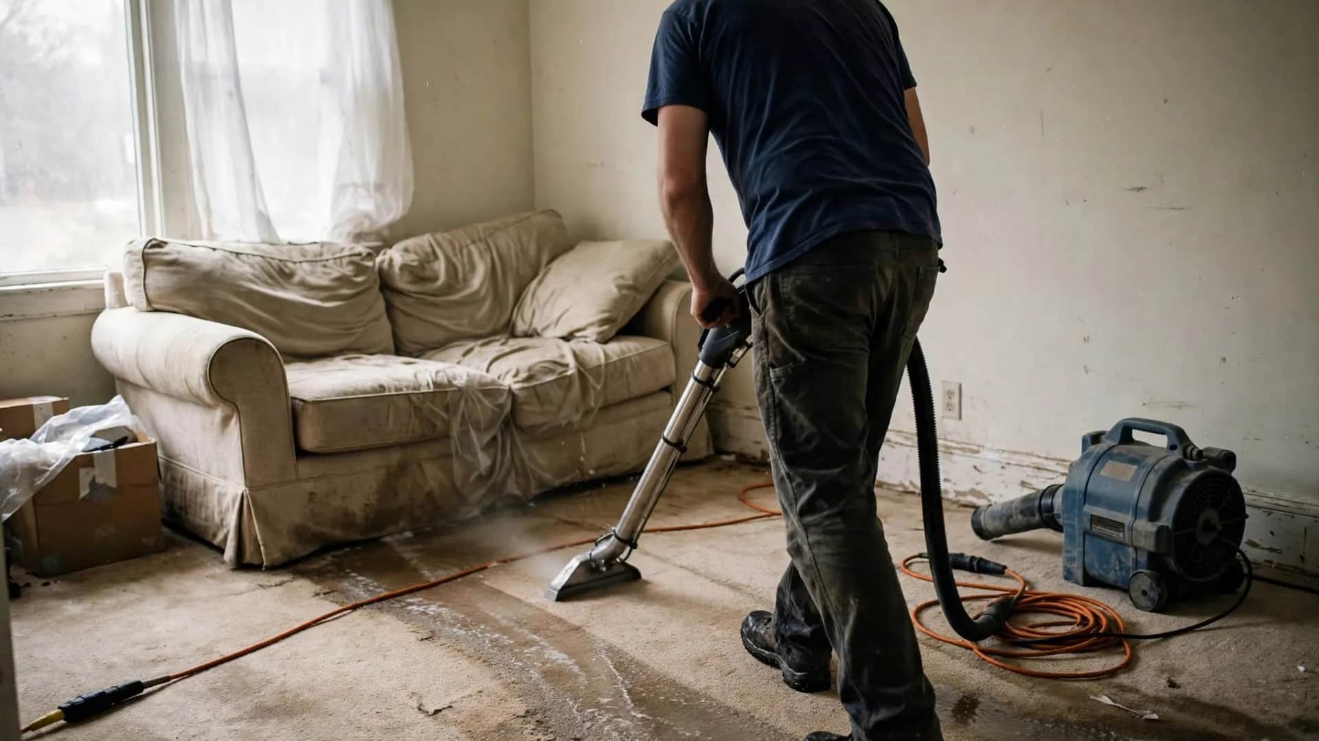 Technician using a portable water extractor on a wet living room floor with air movers and a dehumidifier, illustrating restoration work in Albuquerque, NM