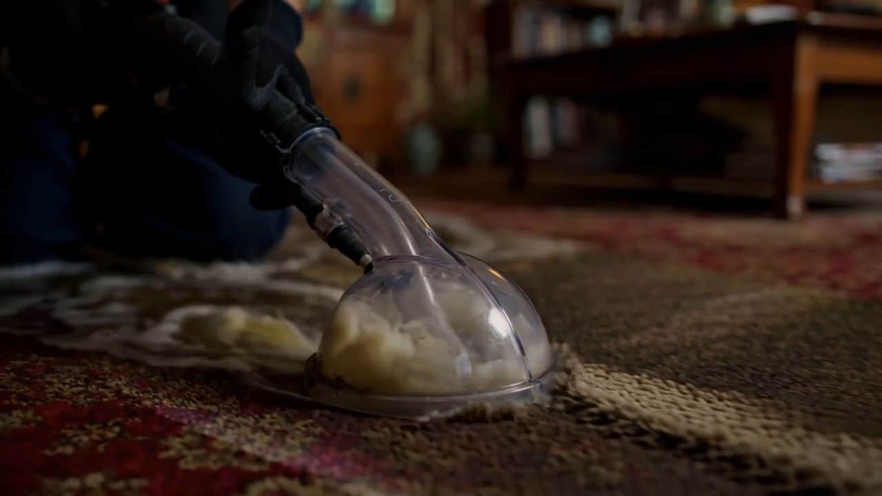 Clear extraction wand pulling water out of a soaked area rug, illustrating restoration work in Albuquerque, NM