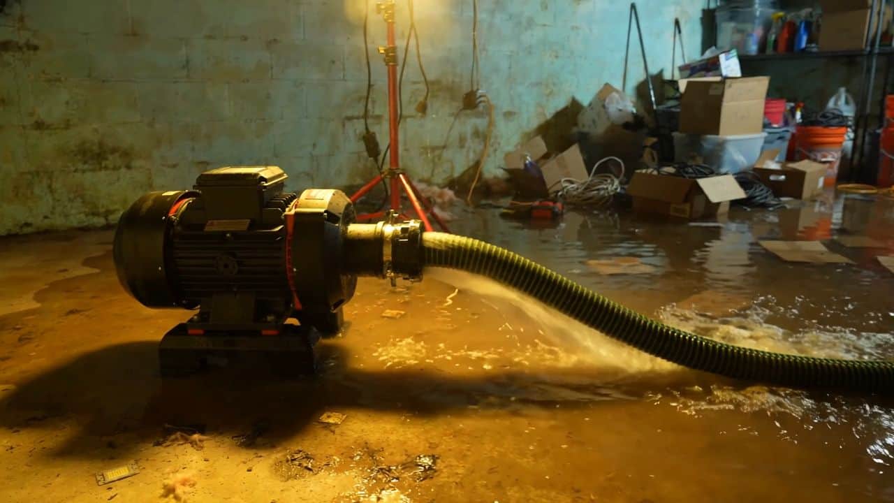 Trash pump and hose removing standing water from a flooded basement in Cheyenne, WY