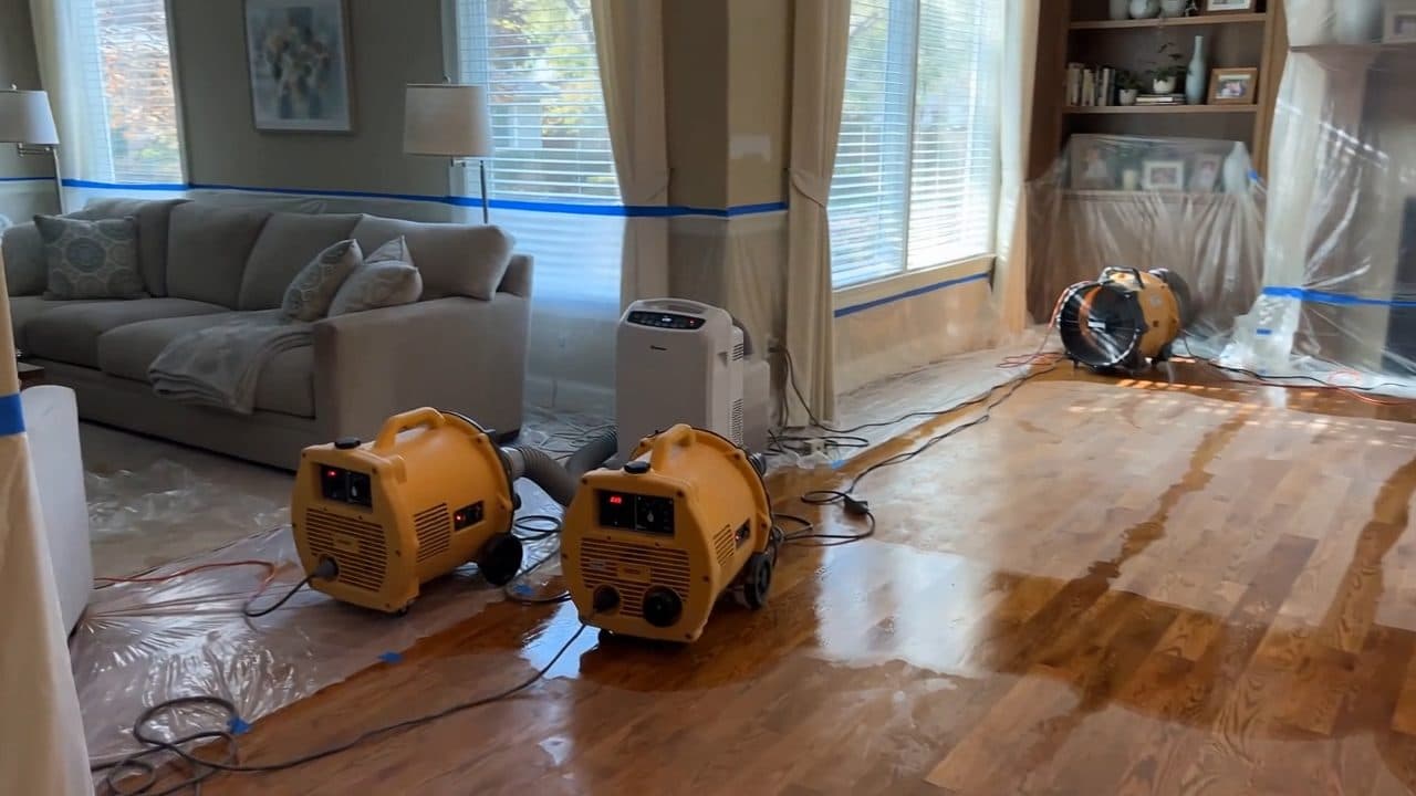 Living room protected with plastic sheeting while air movers and a dehumidifier dry wet hardwood floors
