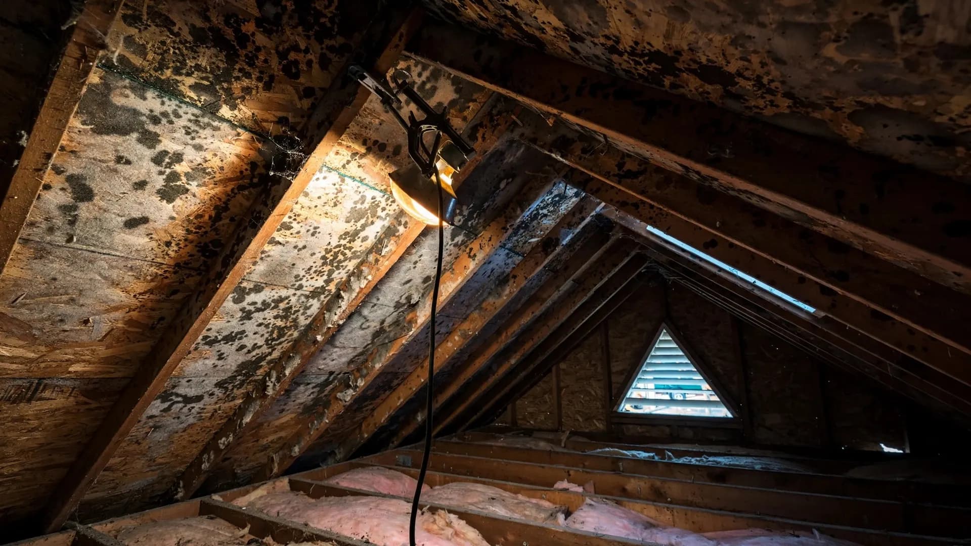 Mold staining on attic roof sheathing and rafters