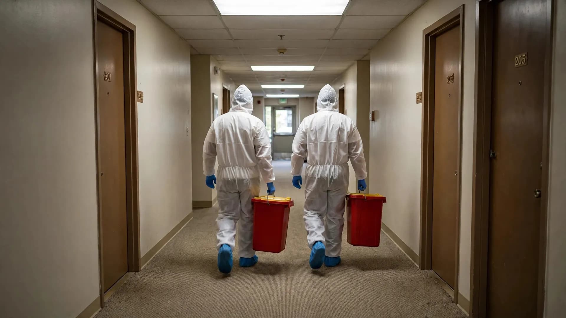 Technicians in protective suits carrying sealed biohazard containers