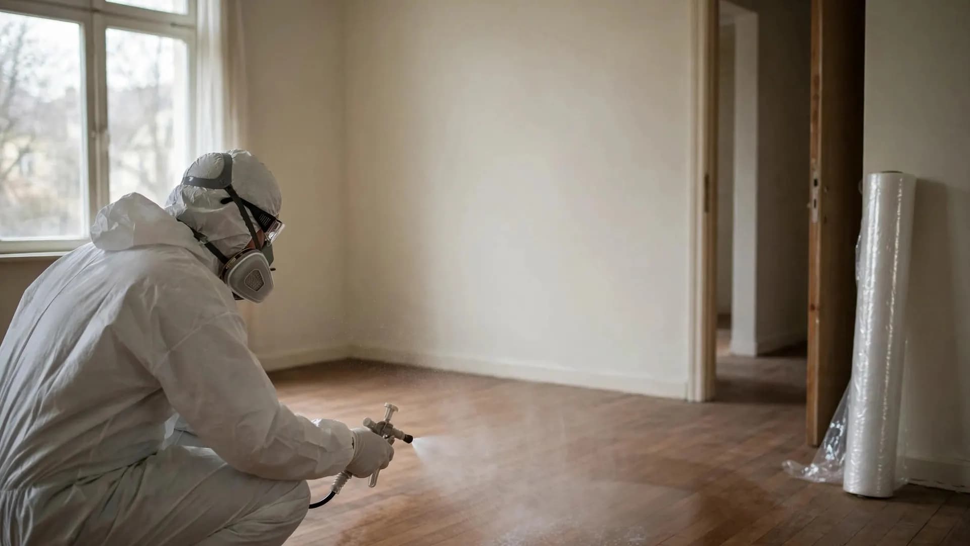 Technician in protective gear disinfecting a bedroom floor