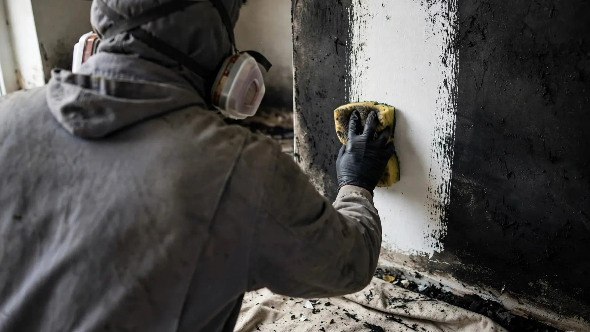 Technician in a respirator removing soot from a wall with a dry chemical sponge