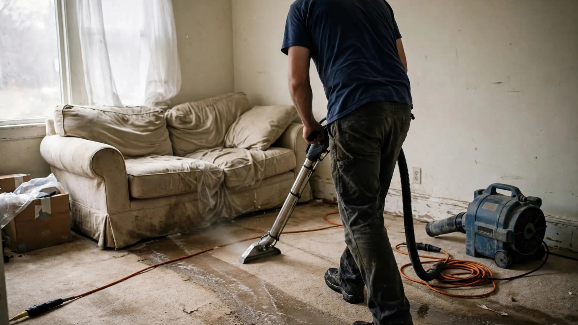 Technician using a portable water extractor on a wet living room floor with air movers and a dehumidifier