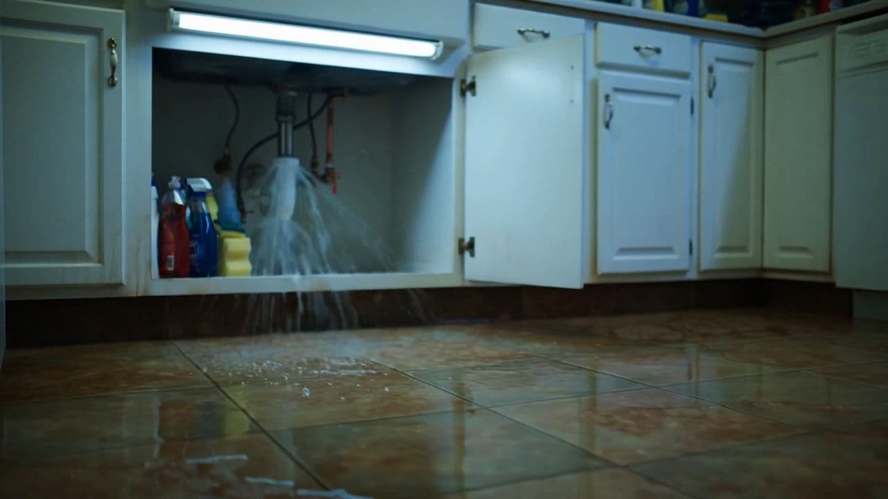 Pipe under a kitchen sink spraying water across a tile floor